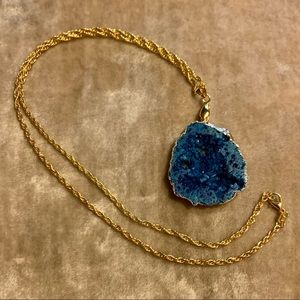Blue Titanium Crystal Druzy Quartz Pendant with a Gold Chain Necklace NEW
